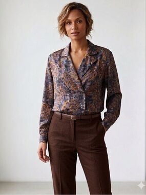 Feather-Print Double-Breasted Button-Down Blouse - Brown/Gray/Gold
